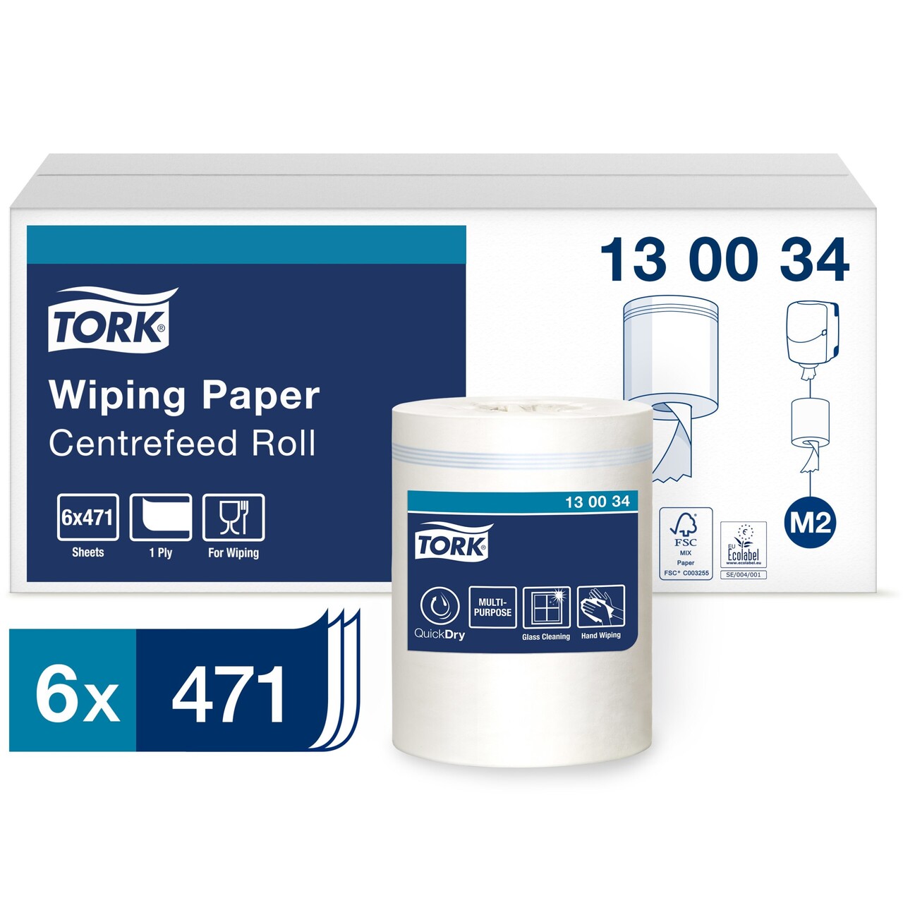 Aftørringspapir Tork 130034 Standard M2 1-lags 19,5cmx165m 6ruller