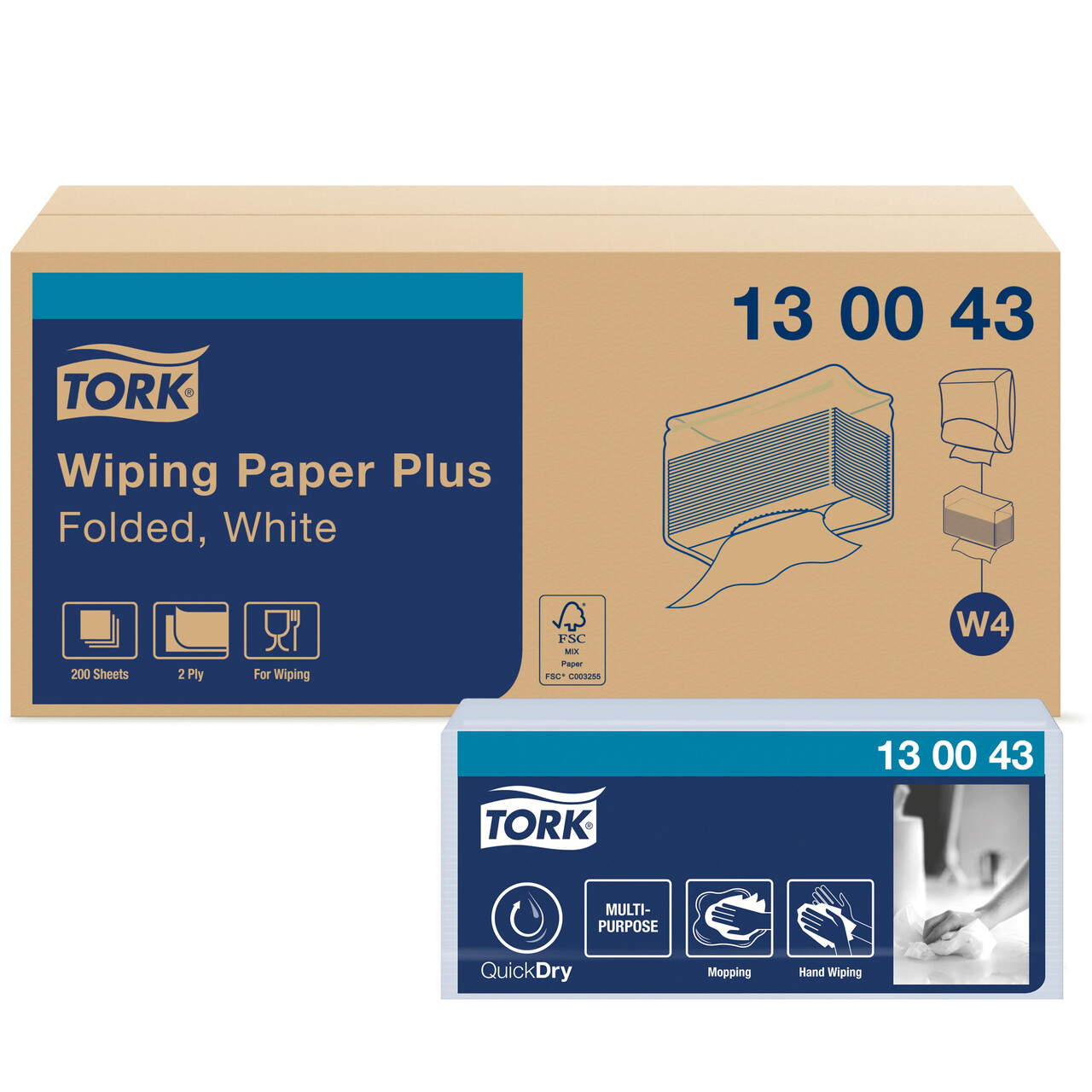 Aftørringspapir Tork 130043 Plus W4 2-lag hvid - 200 ark pr pakke - 5 pakker