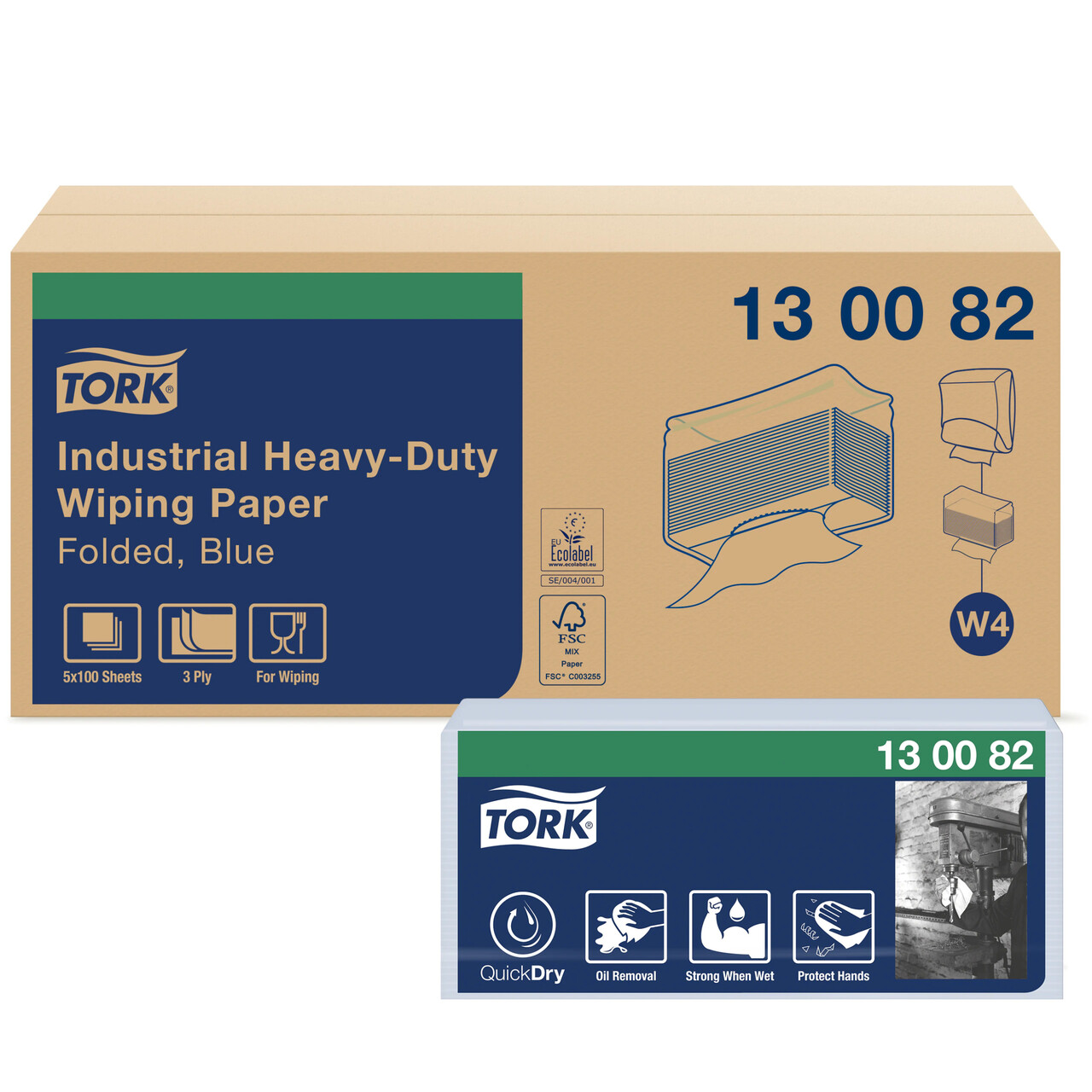 Aftørringspapir, Tork 130082, Ekstra Kraftig W4 3-lags blå - 100 ark pr pakke - 5 pakker