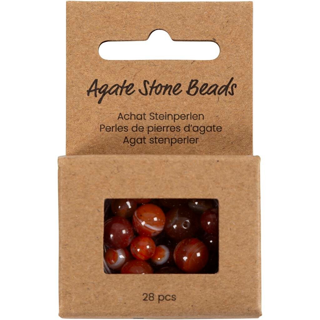 Agat stenperler, str. 1x10, 12x8, 15x6 mm, hulstr. 0,9-1 mm, brændt orange, rød, 28stk./ 1 pk.