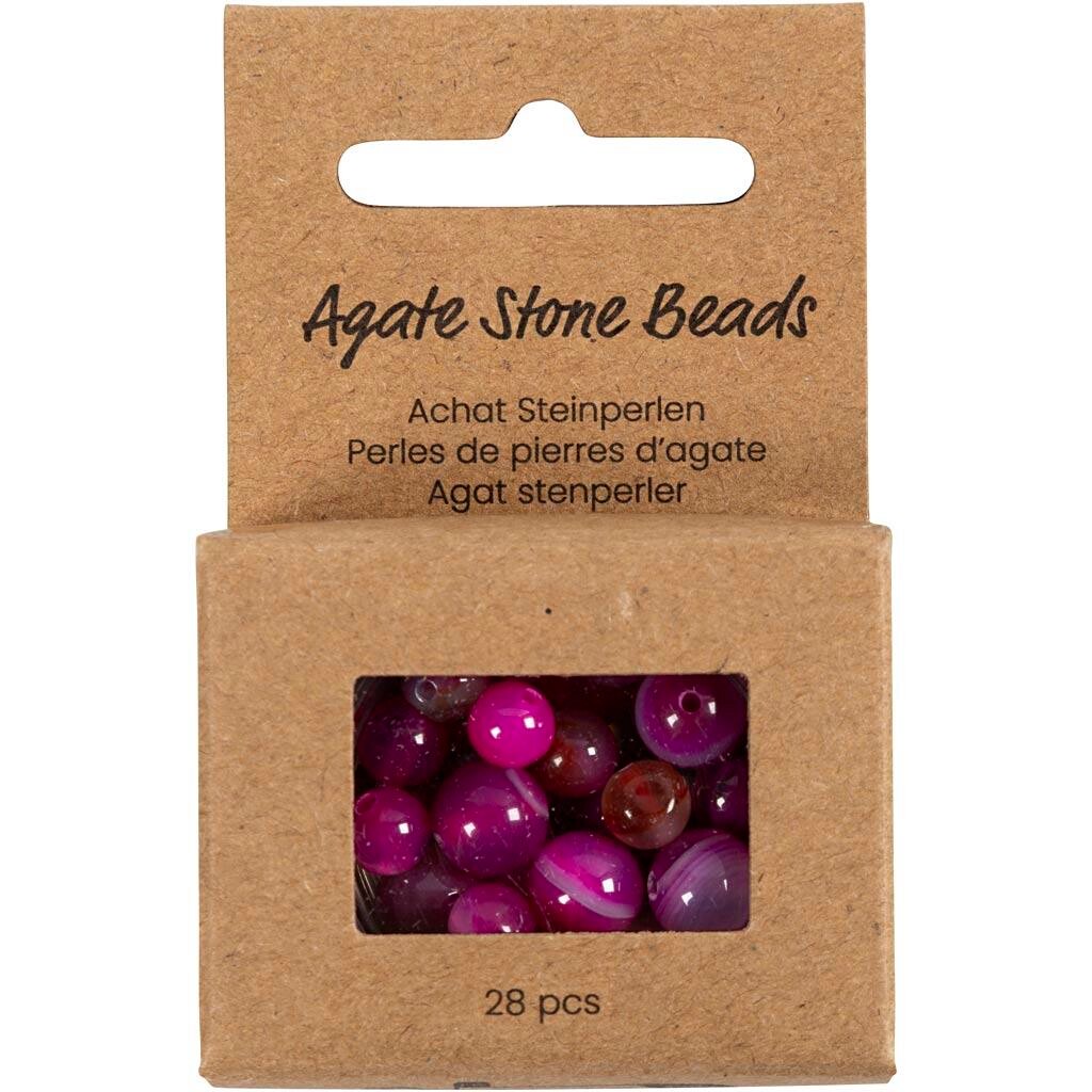 Agat stenperler, str. 1x10, 12x8, 15x6 mm, hulstr. 0,9-1 mm, pink, 28stk./ 1 pk.