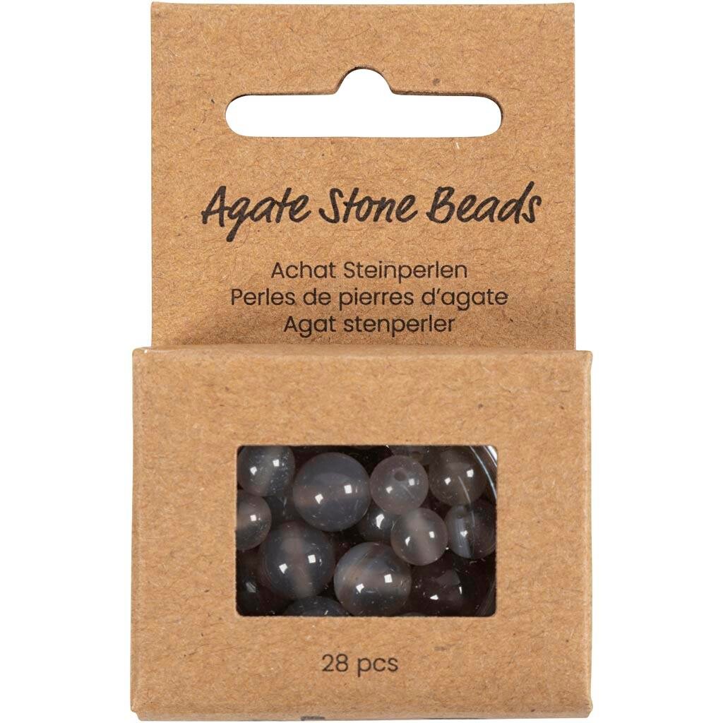 Agat stenperler, str. 1x10, 12x8, 15x6 mm, hulstr. 0,9-1 mm, transparent grå, 28stk./ 1 pk.