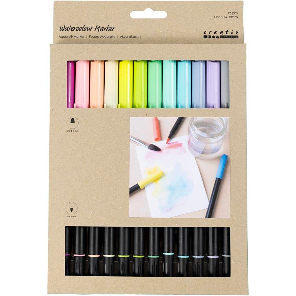 Akvareltusch - Pastel dobbeltspids 2 + 4-8 mm - Assorterede farver - 1 pakke