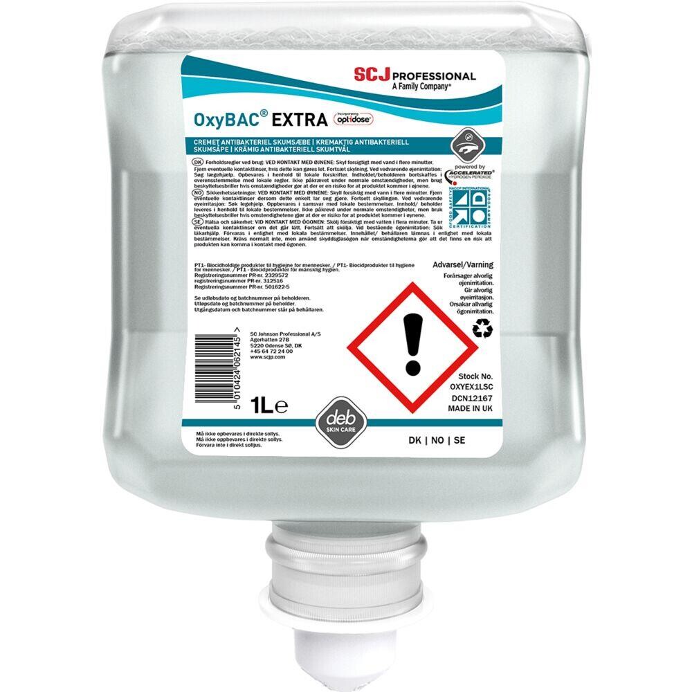 Skumsæbe - SC Johnson Oxybac Ekstra - 1000 ml - Uden farve og parfume - Double Dose Pumpe - 6 stk