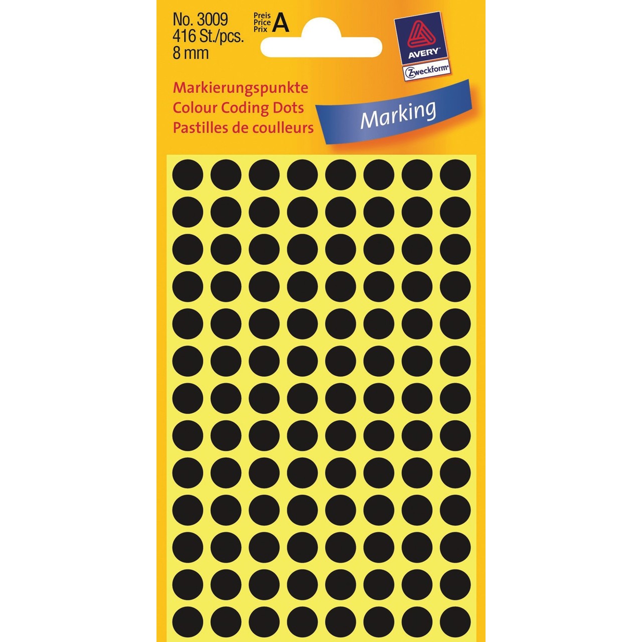Runde labels Avery 3009 sort Ø: 8 mm - 416 stk