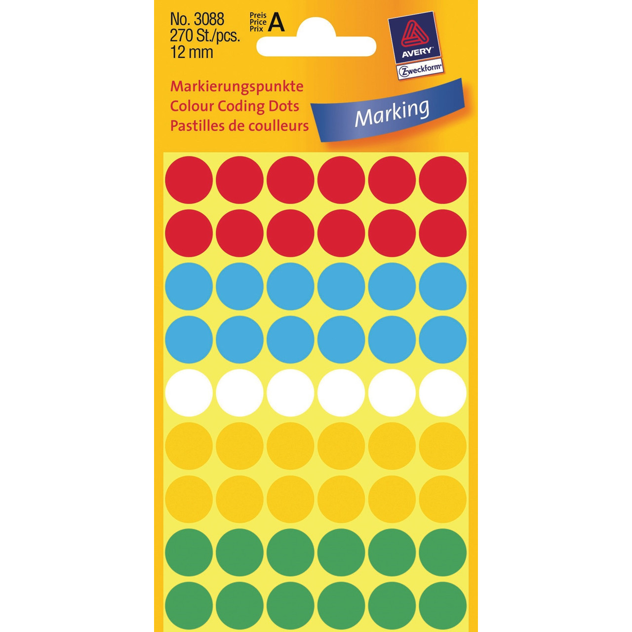 Runde etiketter Avery 3088 - assorteret farver Ø: 12 mm - 270 stk
