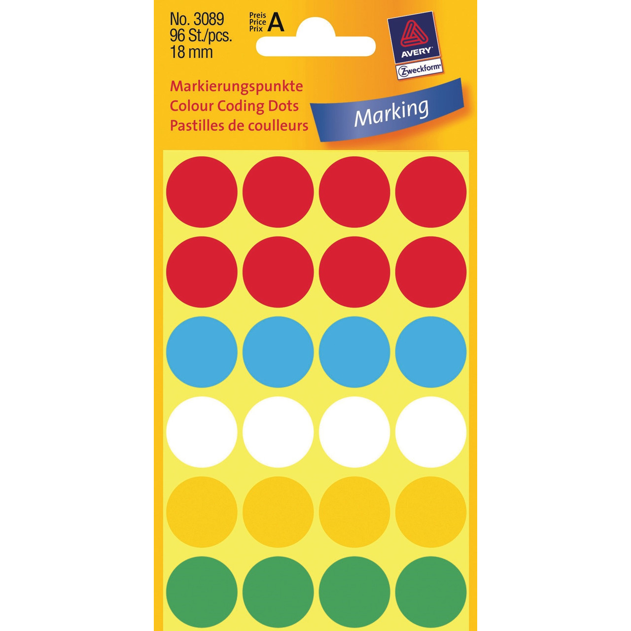Runde Etiketter Avery 3089 - assorteret farver Ø: 18 mm - 96 stk