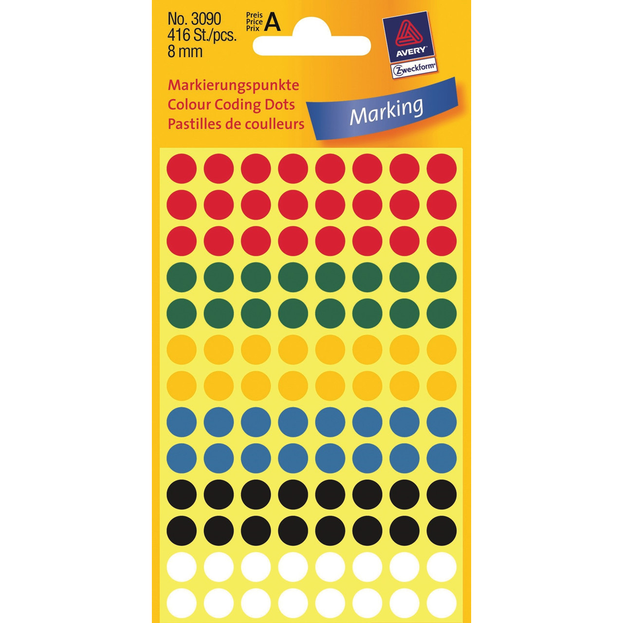 Etiketter - Avery 3090 - Runde assorterede farver - Ø 8 mm - 416 stk.