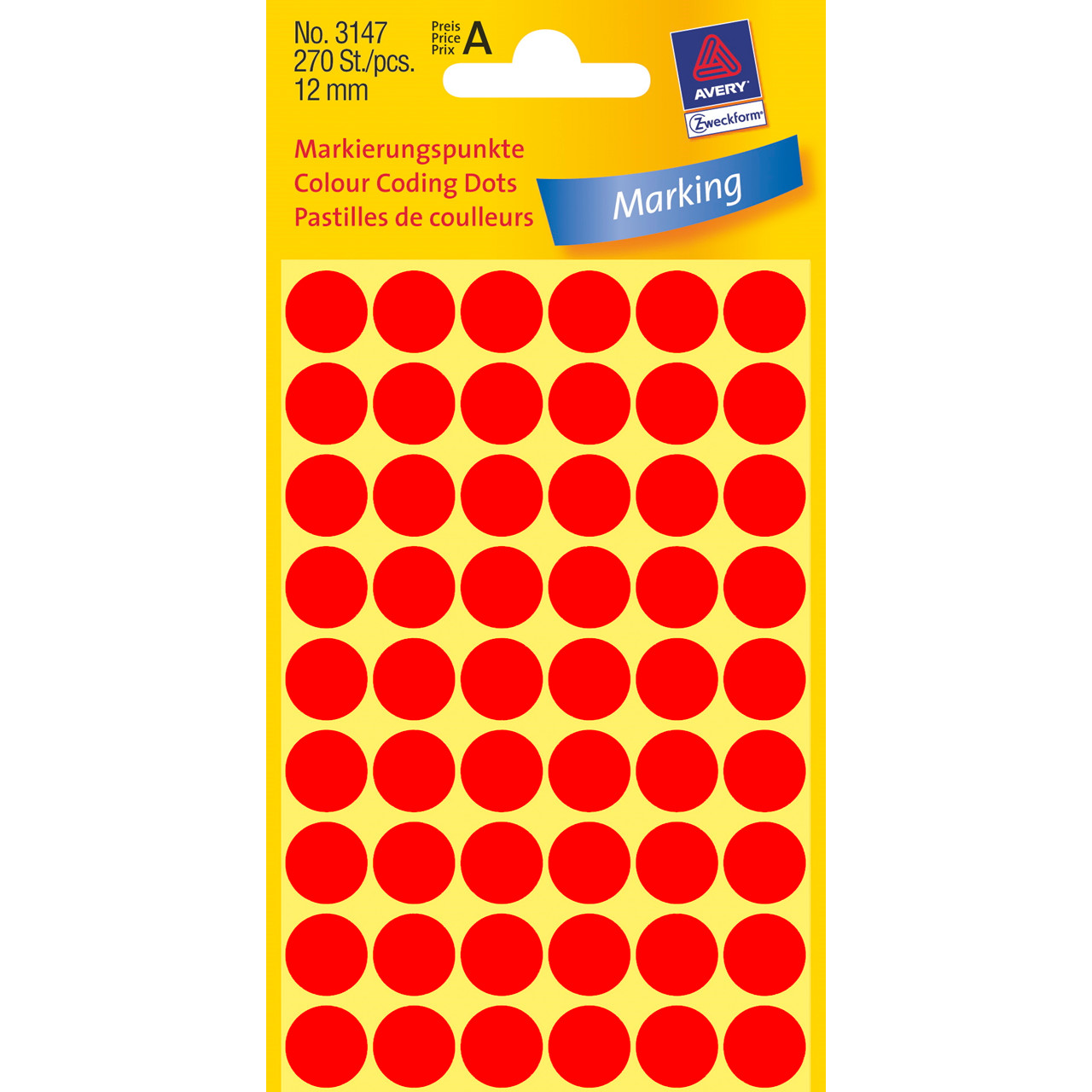 Runde labels Avery 3147 neon rød Ø: 12 mm - 270 stk