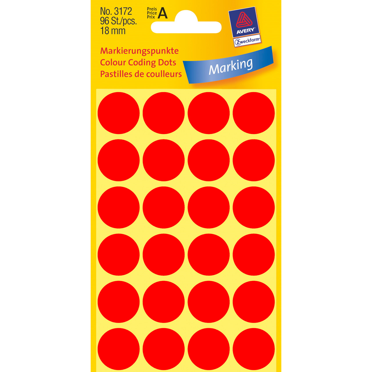 Runde labels Avery 3172 - neon rød Ø: 18 mm - 96 stk