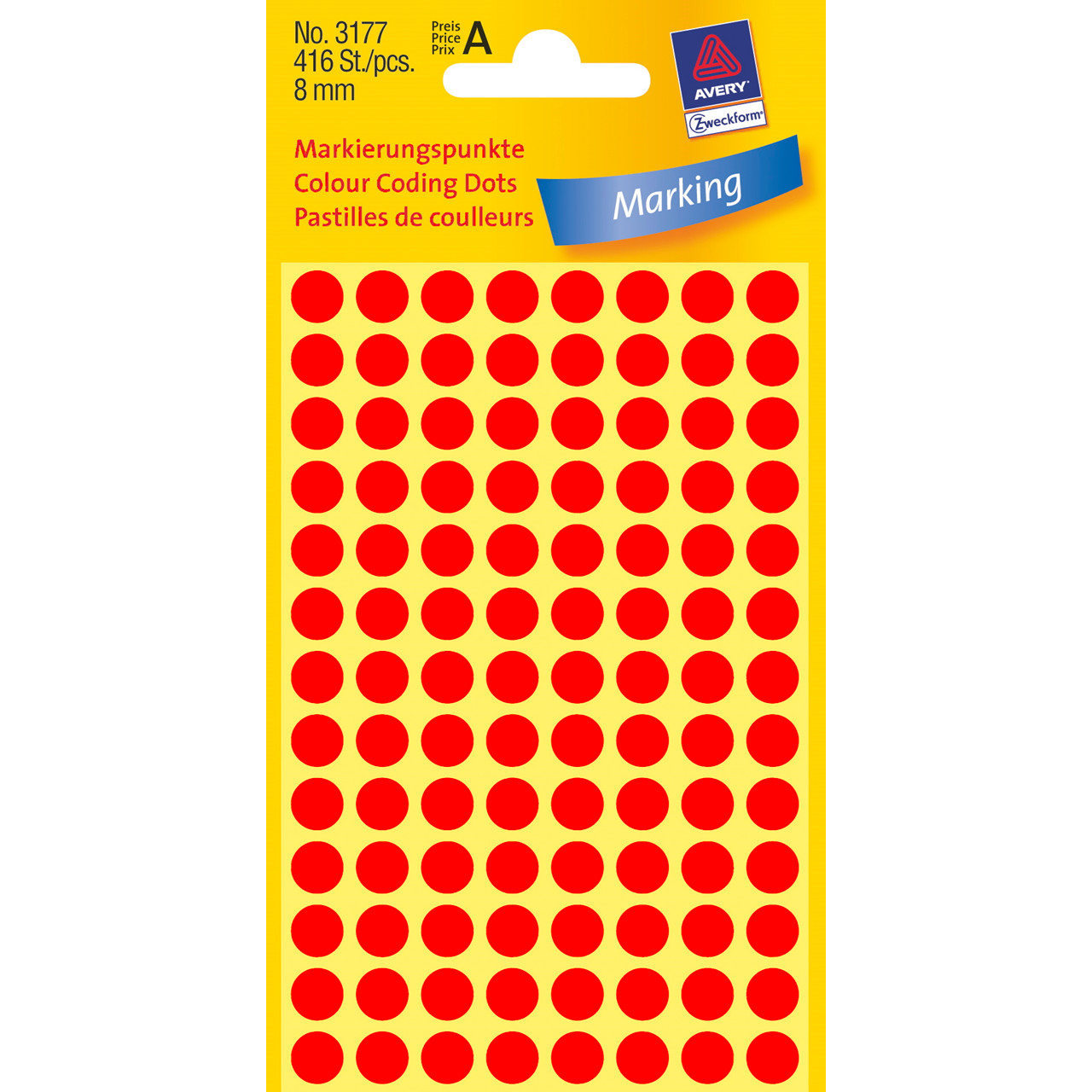 Runde labels Avery 3177 neon rød Ø: 8 mm - 416 stk
