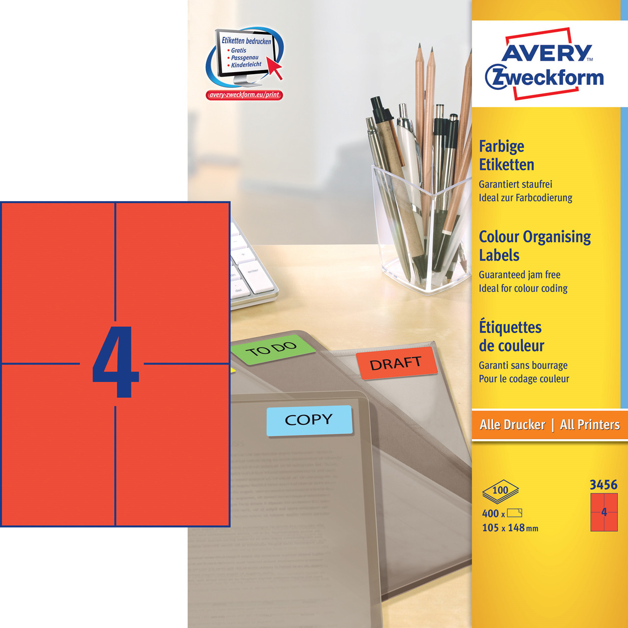 Etiketter print selv Avery 3456 - Etiket rød 105 x 148 mm - 100 ark