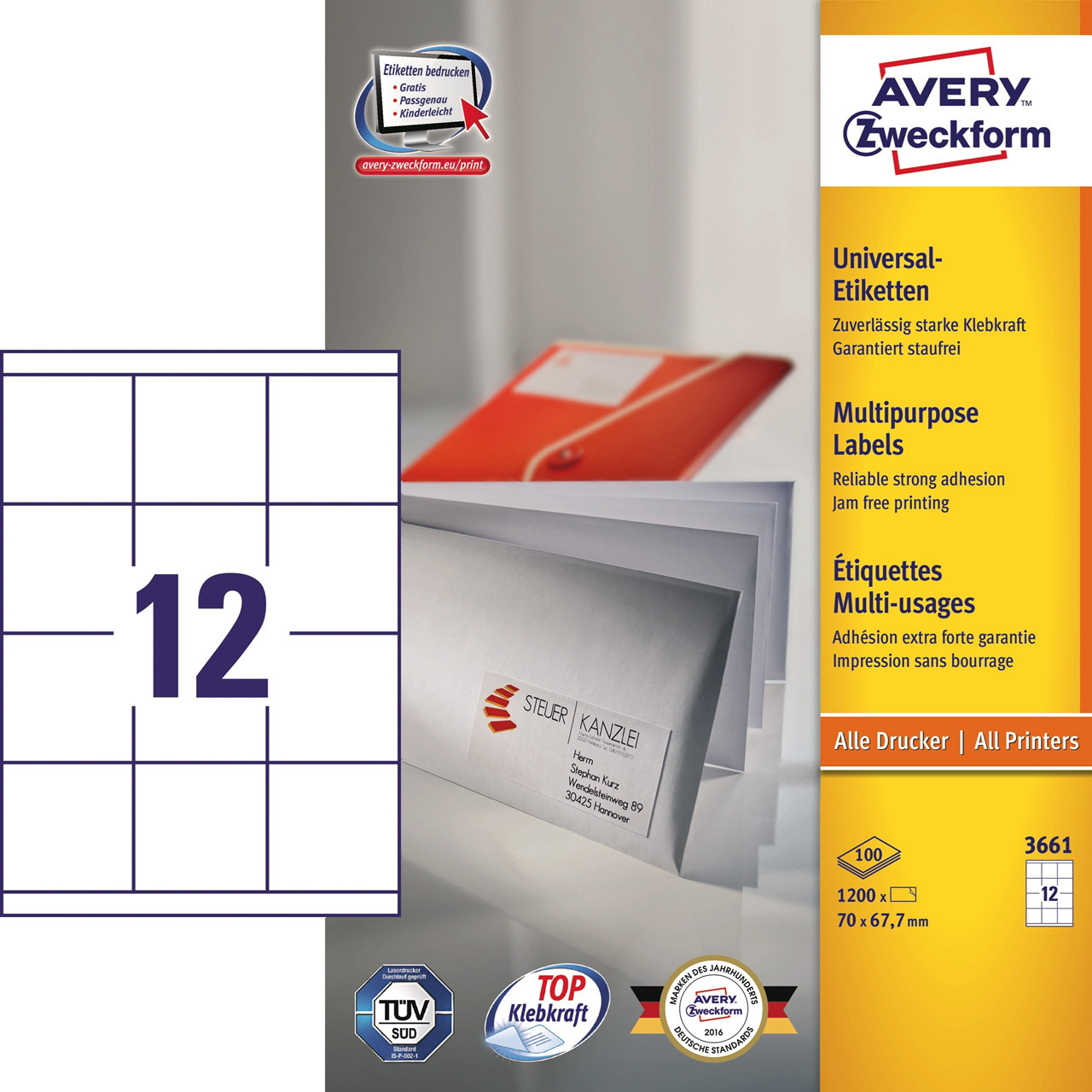 Etiketter print selv Avery 3661 - Kopietiket 12 pr. ark 67,70 x 70 mm - 100 ark