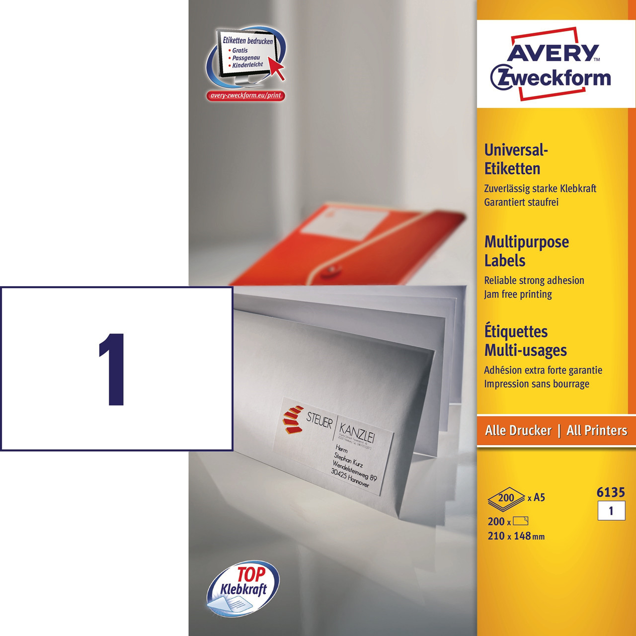 Etiketter print selv Avery 6135 - Laserlabel A5 1 pr. ark 210 x 148 mm - 200 ark