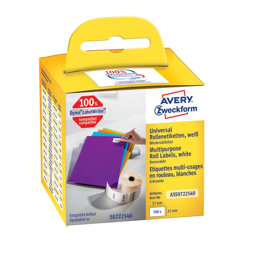 Avery ASS0722540 - Aftagelige universaletiketter 57 x 32 mm til Dymo LW - 500 etiketter