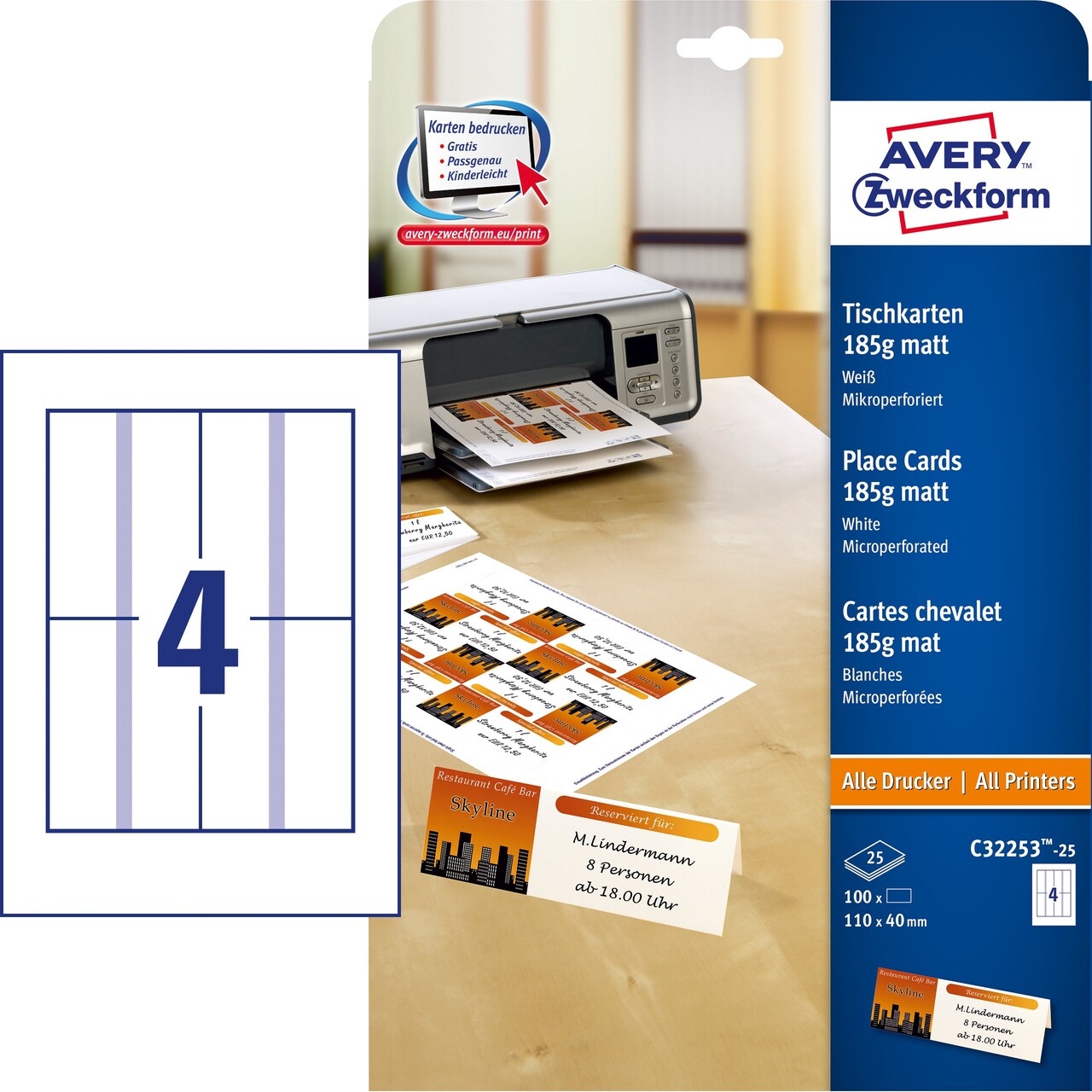 Avery bordkort 185g 110x40mm hvid
