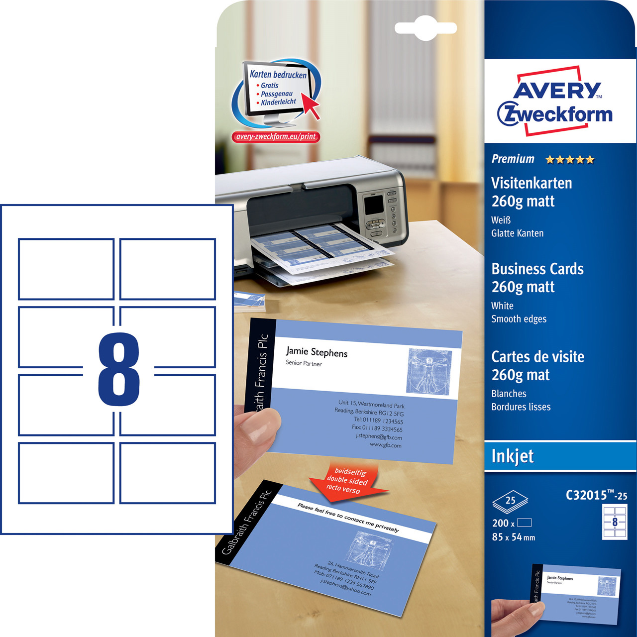 Etiketter print selv Avery C32015-25 - Visitkort inkjet hvid mat 260g - 200 stk