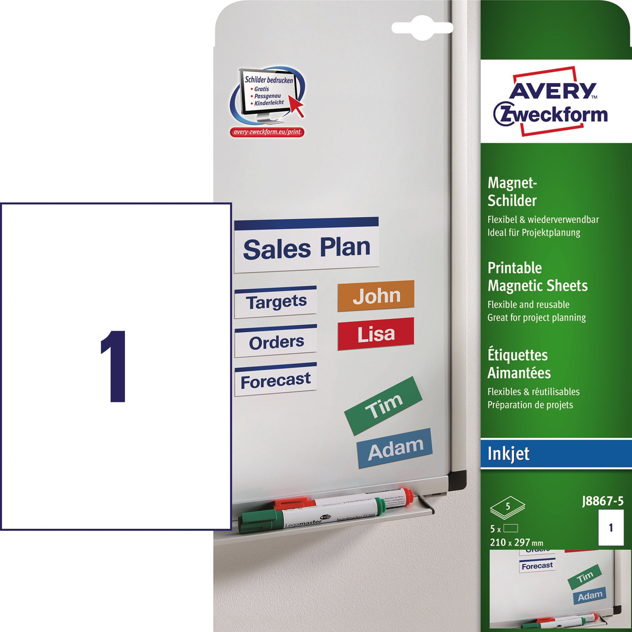 Avery etiketter J8867-5 - Magnet label hvid 210 x 297 mm - 5 stk