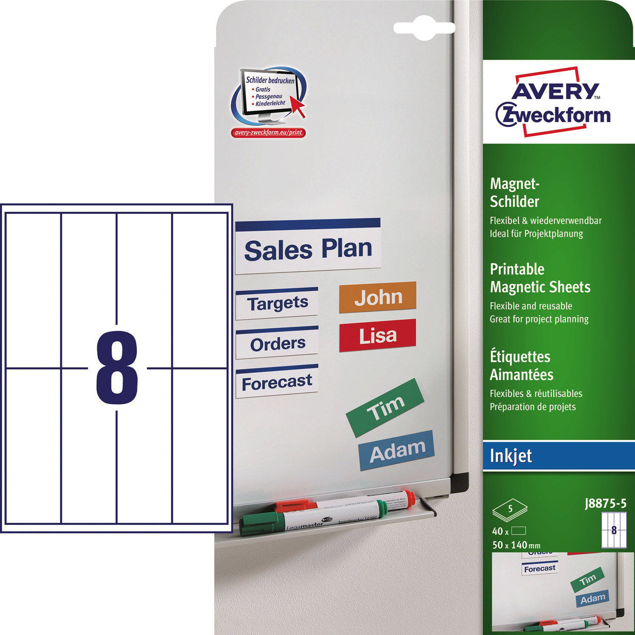 Avery etiketter J8875-5 - Magnetlabel inkjet 8 pr. ark 50 x 140 mm - 5 ark