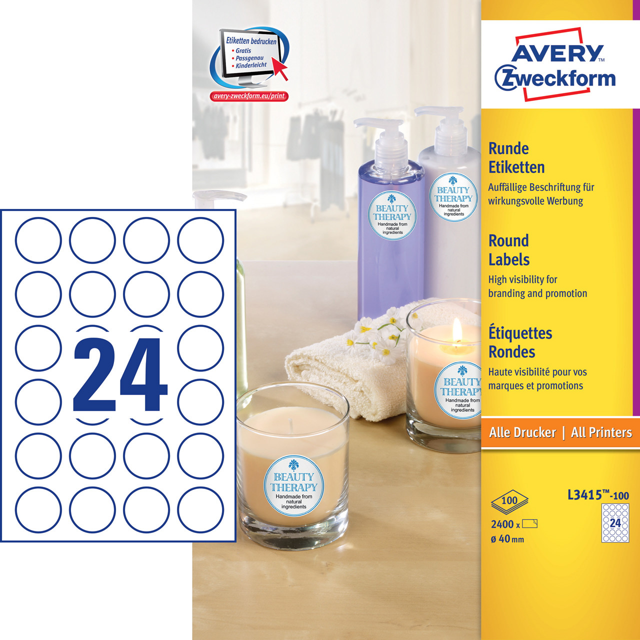 Etiketter - Avery L3415-100 Promotion Runde Ø40mm - Hvid - 24 pr. ark - 100 ark