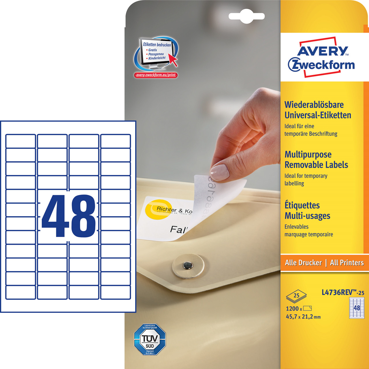 Labels til printer - Avery L4736-25 - 45,7 x 21,2 mm - Aftagelige - 1200 stk