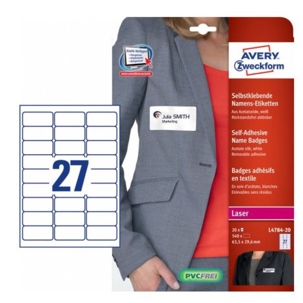 Navneskilt Avery L4784-20 - Selvklæbende navneskilte 63,5 x 29,6 mm - 540 Etiketter