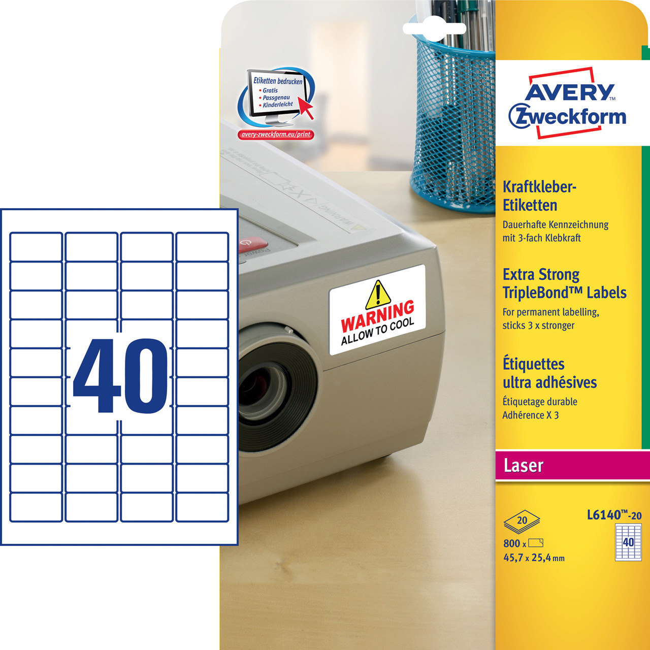 Avery etiketter L6140-20 - Laseretiket ekstra klæb hvid 40 pr. ark 45,7 x 25,4 mm - 20 ark