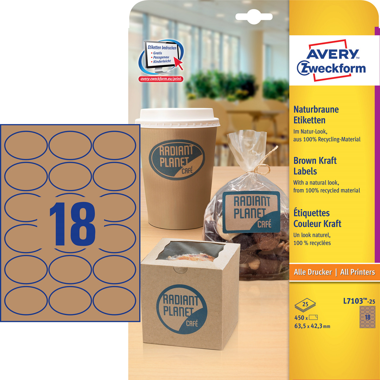 Avery etiketter L7103-25 - Natur produkt etiketter oval 63,5 x 42,3 mm - 360 stk