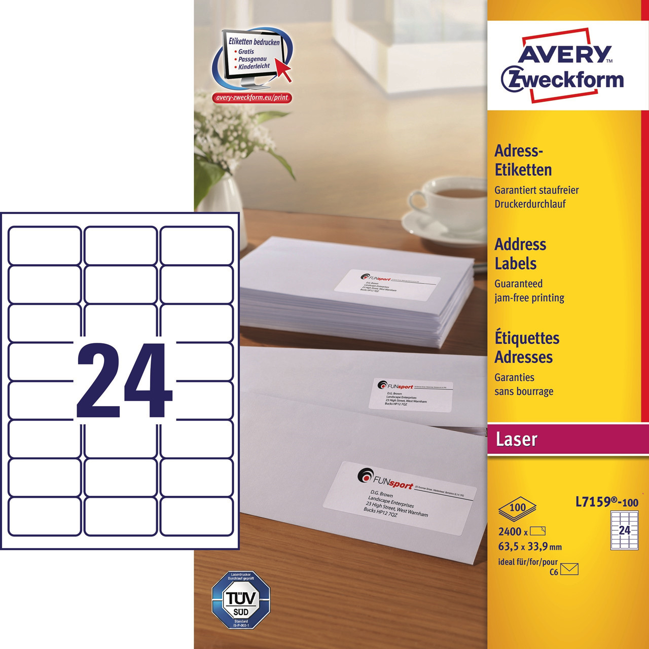 Avery etiketter L7159 - Laserlabel 24 pr. ark 63,5 x 33,9 mm - 100 ark