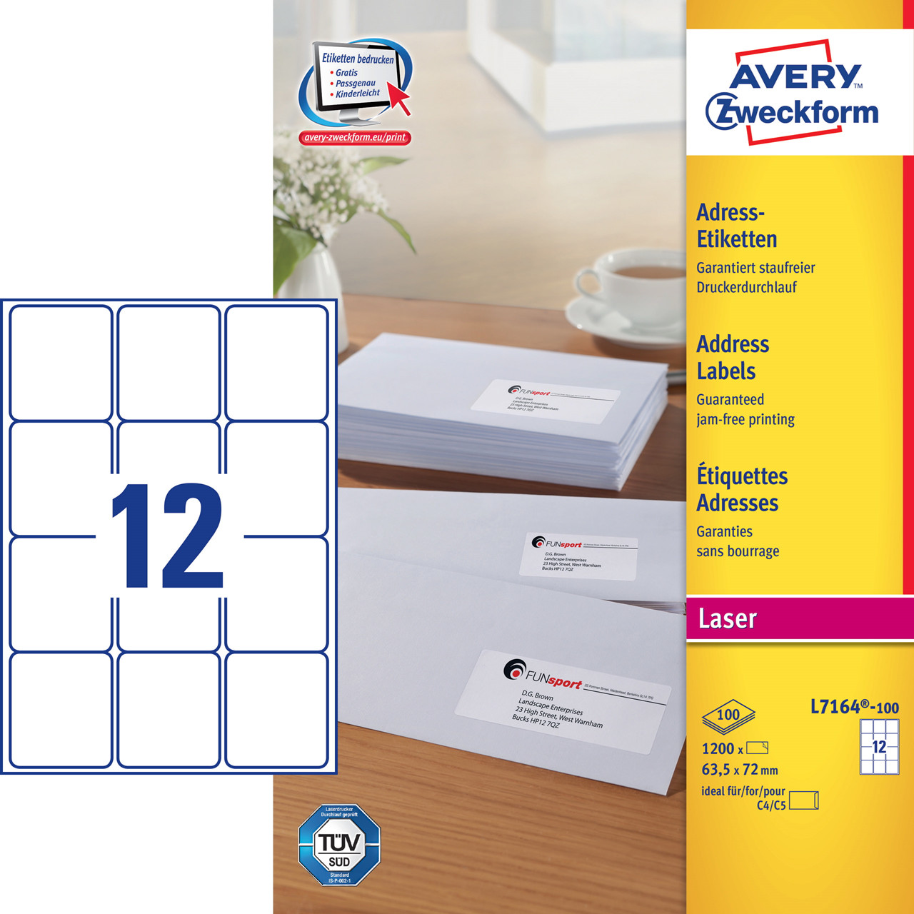 Etiketter - Avery L7164 - Laserlabel - 63,5 x 72 mm - 12 pr. ark - 100 ark