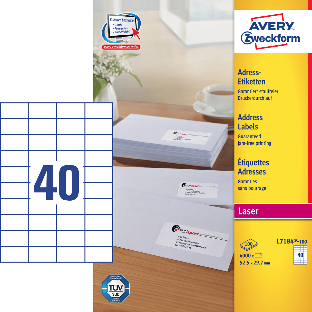 Avery etiketter L7184 - Laser label 40 pr. ark 52,5 X 29,7 mm - 100 ark