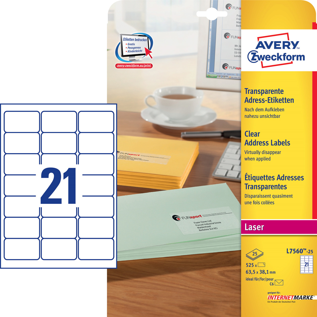 Avery etiketter L7560 - Klar adresse laser label 21 pr. ark 63,5 x 38,1 mm - 25 ark