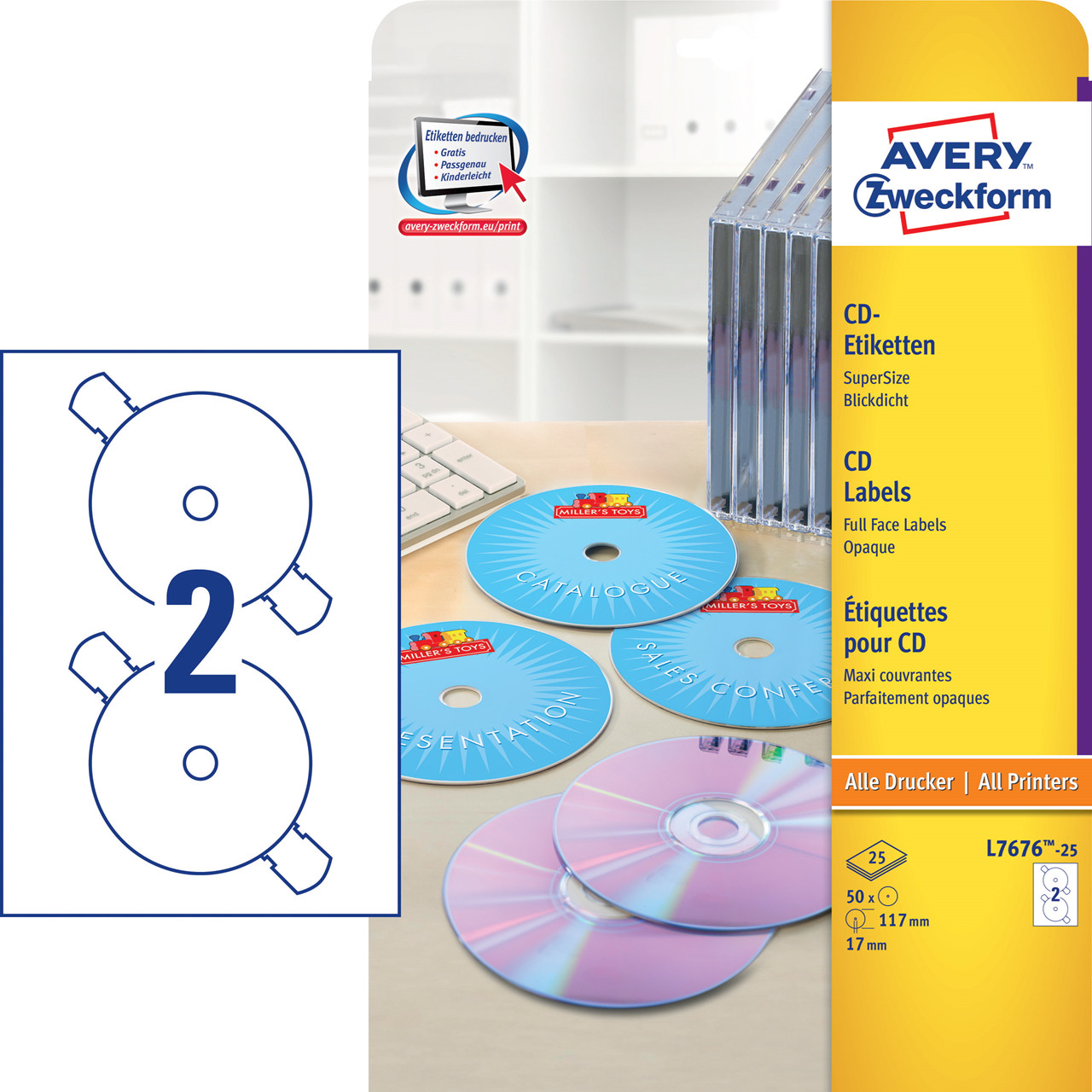 Avery etiketter L7676 - CD Laserlabel 2 pr. ark Ø: 117 mm - 25 ark