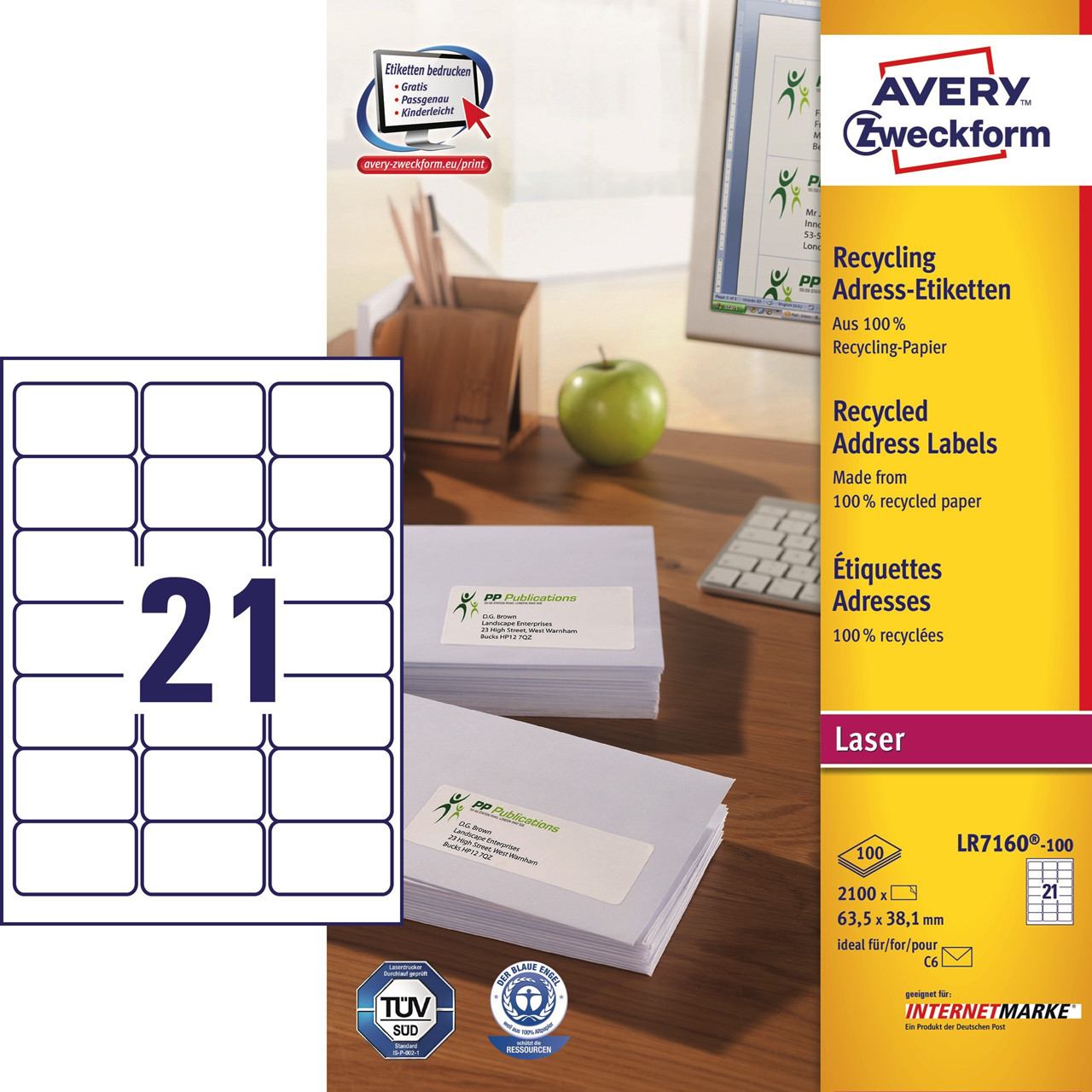 Avery labels LR7160 - Laserlabels 21 pr. ark 63,5 x 38,1 mm - 100 ark