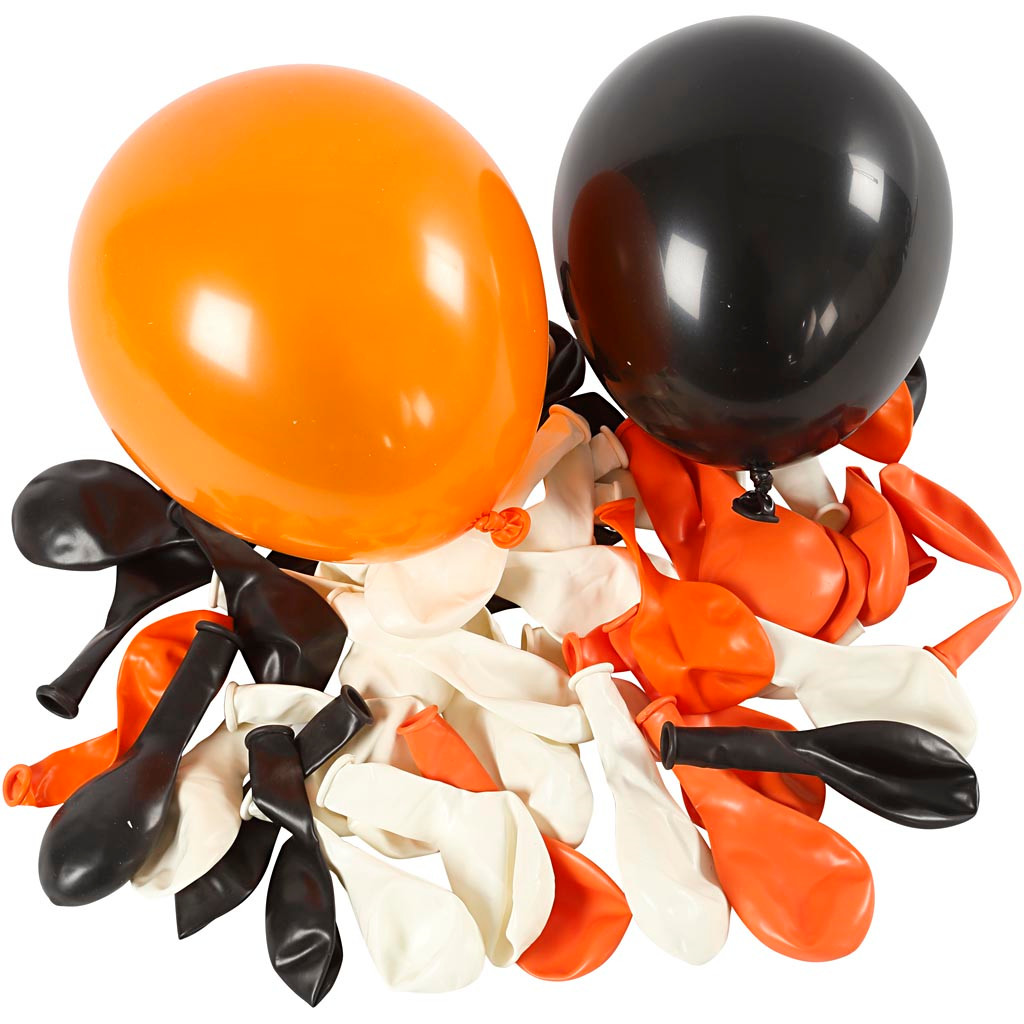 Balloner, hvid, orange, sort, runde, 100ass.