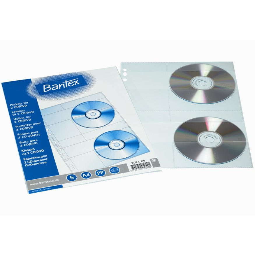 CD lommer - Bantex plastlommer til 2 CD/DVD - 290x210 mm - 5 stk
