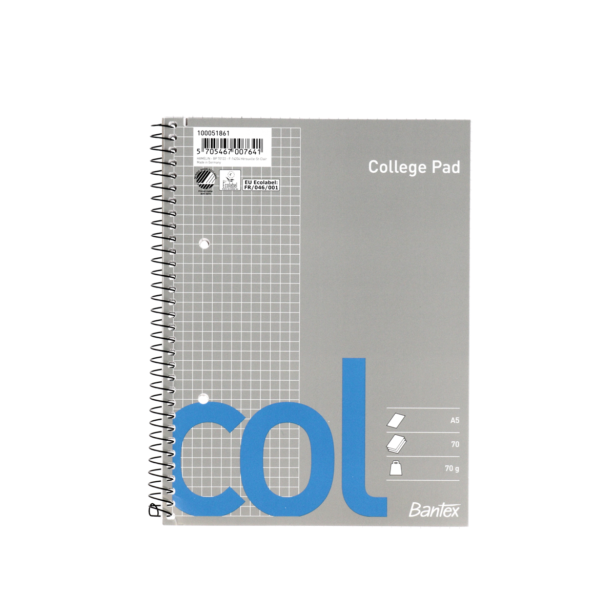 5 stk. Notesblok - Bantex Col A5 - Kvadreret - 2H - 70 ark - 70 g