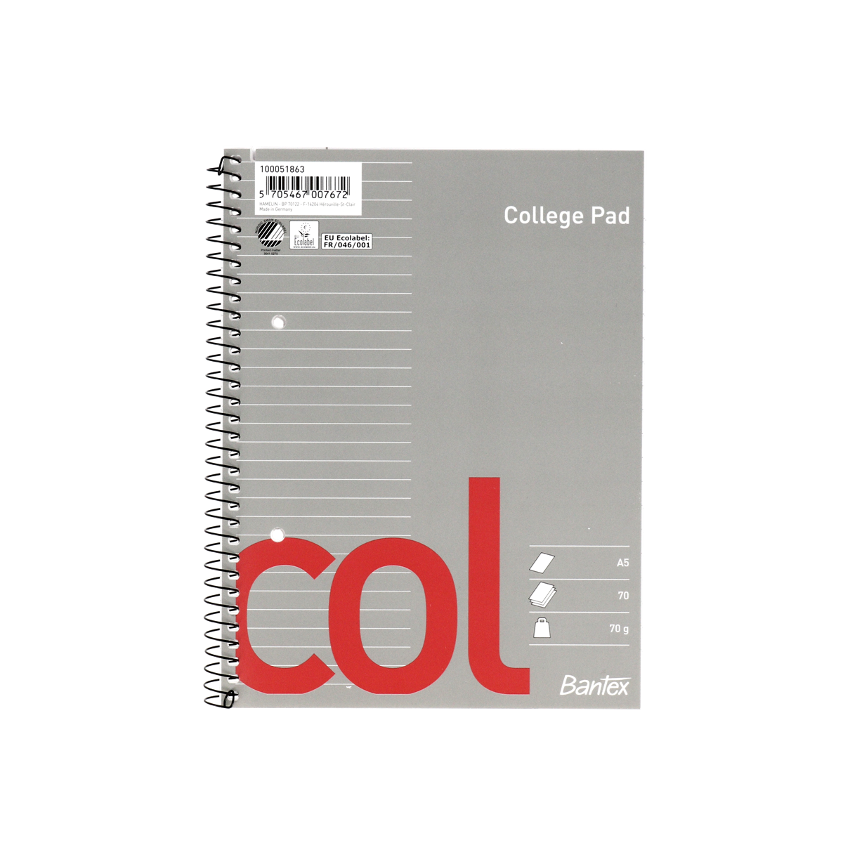 5 stk. Notesblok A5 Bantex Col linieret 2H 70 ark 70g