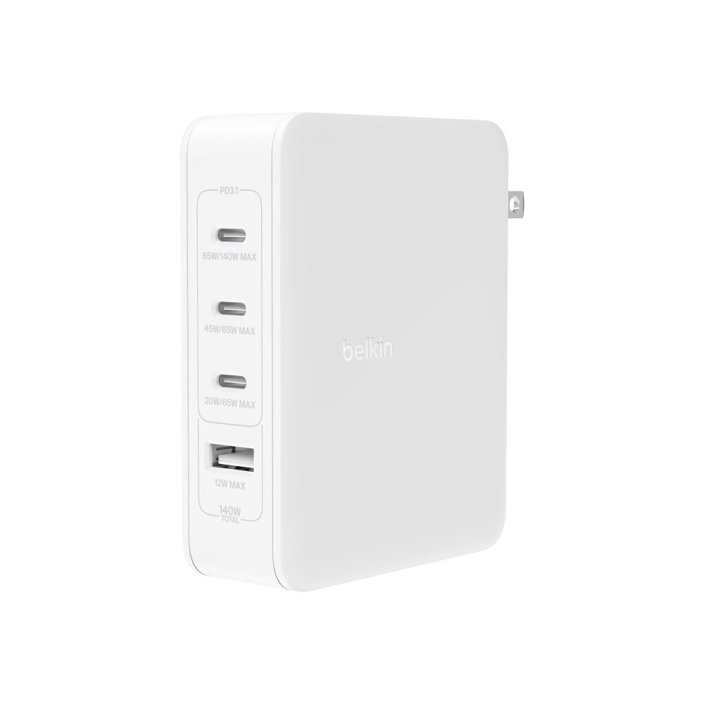 6 stk. Oplader, Belkin 140W 4-ports USB GaN Wall Charger with UK, EU, US plug tips - Køb minimum 6 stk.