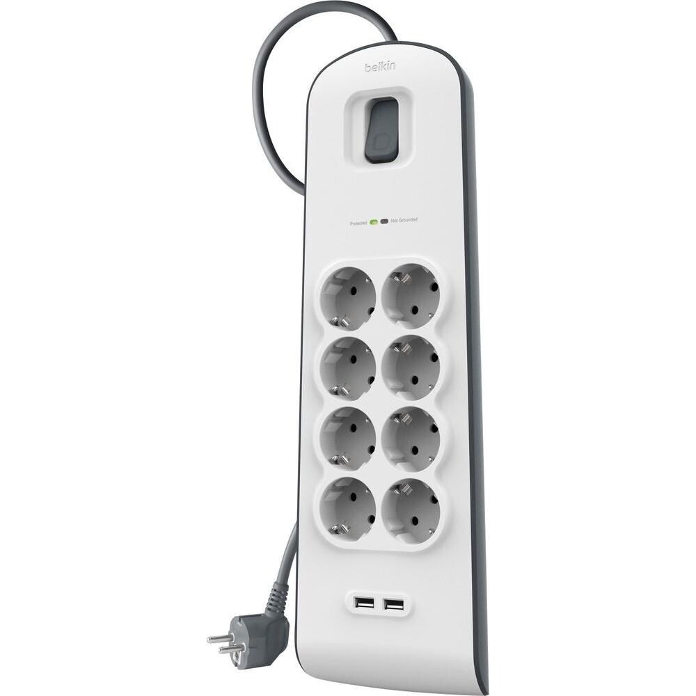 Belkin 8-outlet EU Surge Protection Strip 2 x 2.4A USB, White (2m)