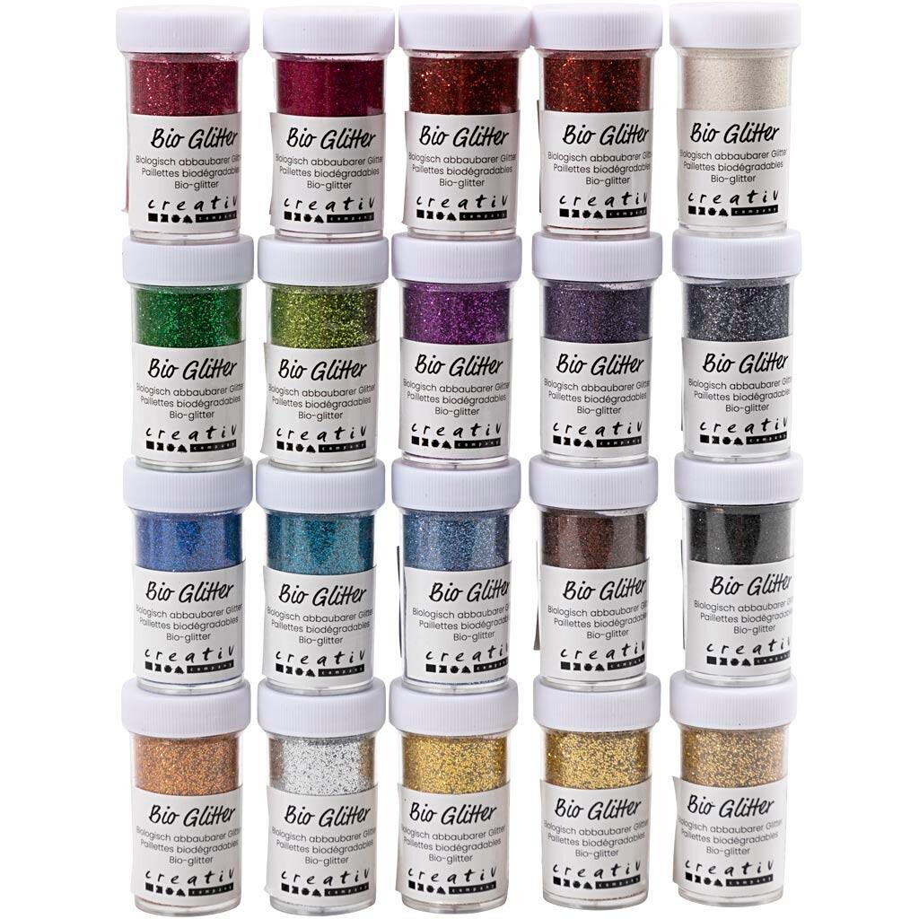 Bio-glitter, ass. farver, 20x20 g - 1 pakke