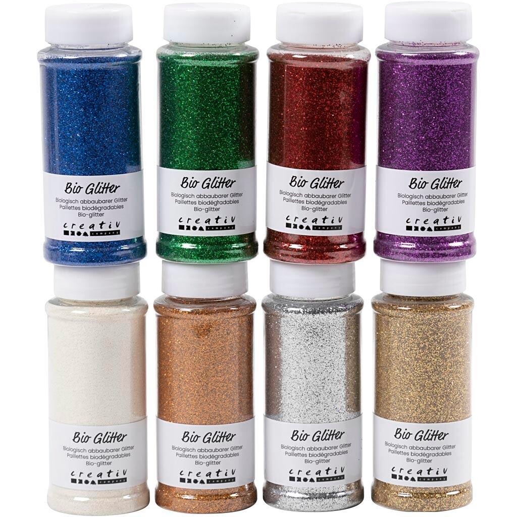 Bio-glitter, ass. farver, 8x110 g - 1 pakke