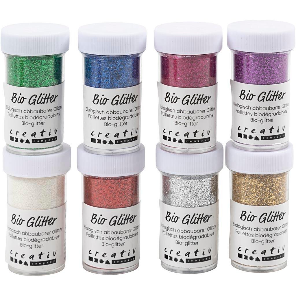 Bio-glitter, ass. farver, 8x20 g - 1 pakke