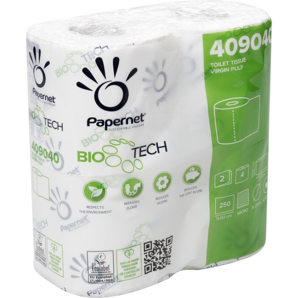 Toiletpapir - Biotech - 2-lags - Hvid - 9,5 cm x 28 m - 250 ark pr. rulle - 96 ruller