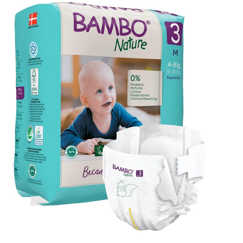 Børnebleer - Bambo Nature str. 3 4-8 kg - Hvid - 168 stk