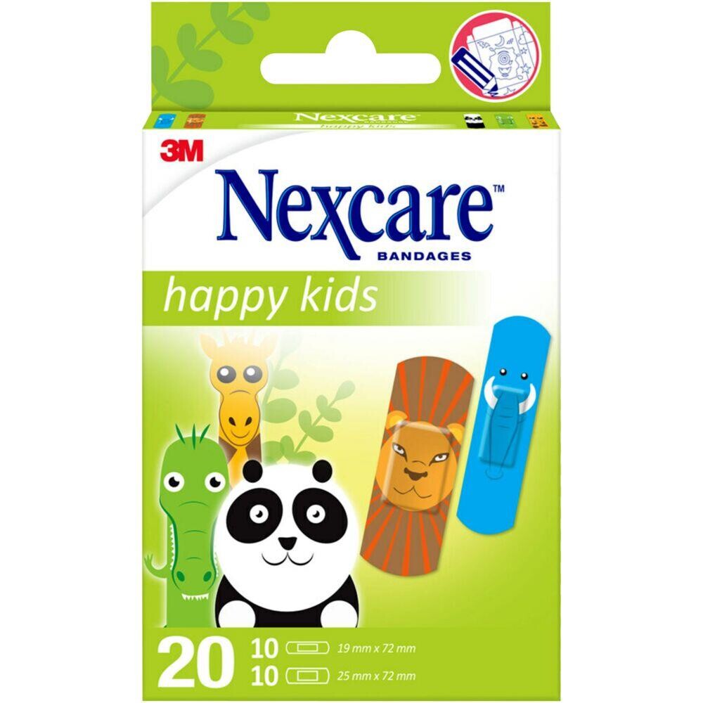 Børneplaster Nexcare Happy Kids dyr 2 størrelser assorteret åndbart hypoallergent - 20 stk