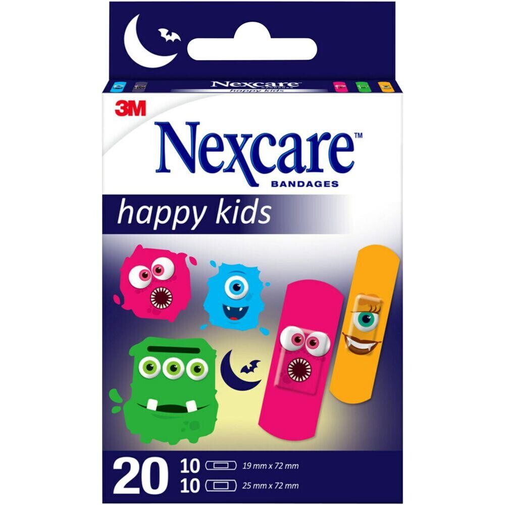 Børneplaster Nexcare Happy Kids monstre 2 størrelser assortere, åndbart hypoallergent - 20 stk