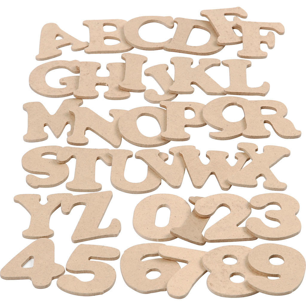 Bogstaver og tal højde 4 cm tykkelse 2,5 mm MDF | 36 x 10 poser
