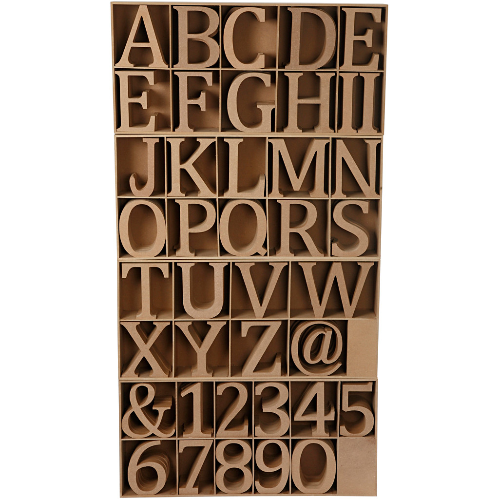 Bogstaver tal og symboler af træ højde 13 cm tykkelse 2 cm MDF | 160 stk.