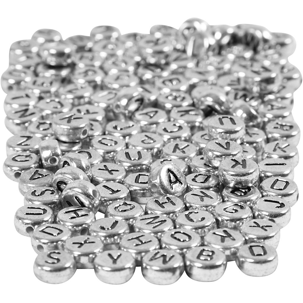 Bogstavperler, diam. 7 mm, hulstr. 1,2 mm, sølv, 21g, ca. 200 stk.